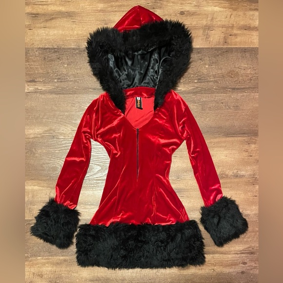 J Valentine Dresses & Skirts - J Valentine Hooded red velour Black Santa Costume sexy Mini Dress size S Medium